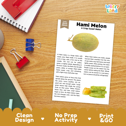Student reading comprehension worksheet with short-answer questions and lined sections about the Hami melon fruit