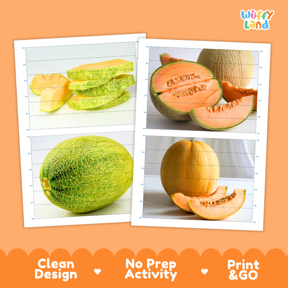 Printable activity sheets featuring photographic Hami melon puzzle boards and cutting guides