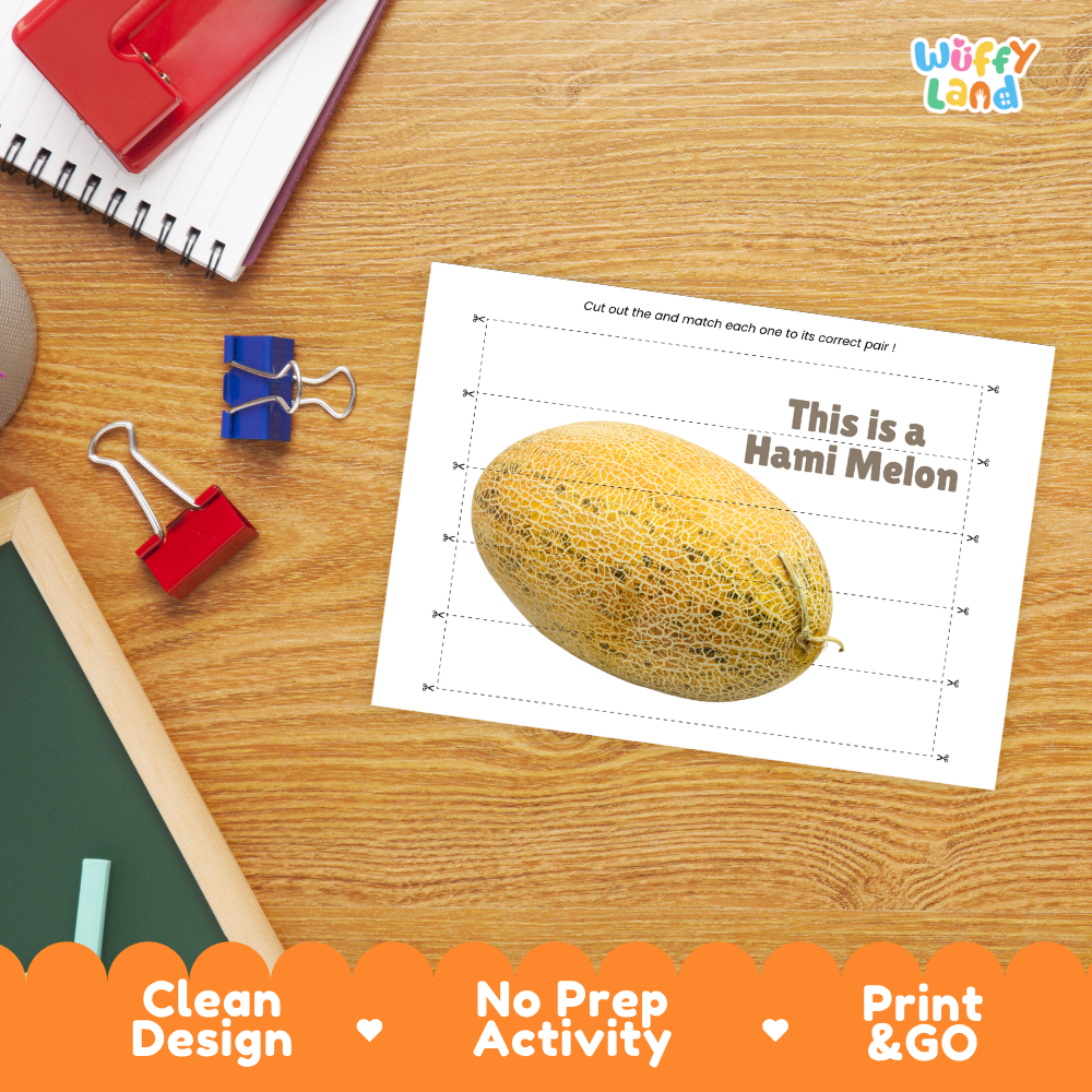 Close-up of puzzle worksheet showing Hami melon images and dotted scissor lines
