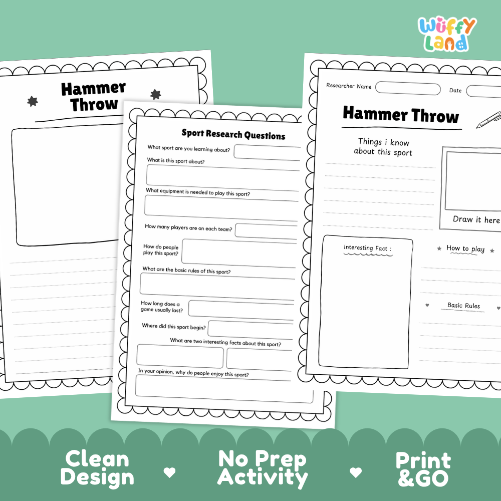 Three printable worksheet pages about hammer throw sports research, shown on a mint green background with the text 'Clean Design', 'No Prep Activity', and 'Print & GO'. The pages are black and white with the brand name 'Wiffy Land' in the top right.