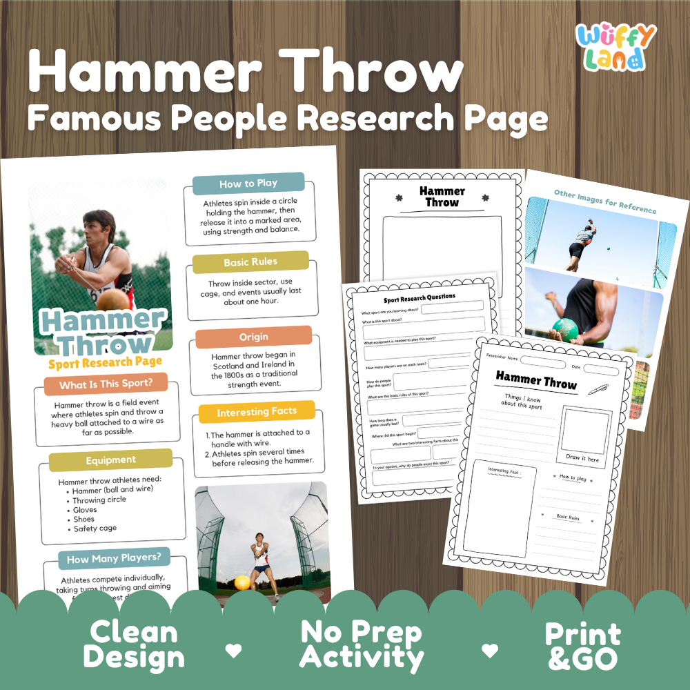 Hammer Throw Sport Research Project Worksheets and Fact Sheet Activity