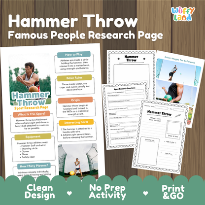 Hammer Throw Sport Research Project Worksheets and Fact Sheet Activity