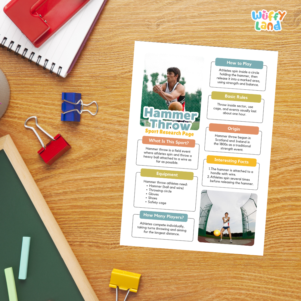 A printed sports instruction sheet titled 'Hammer Throw Sport Research Page' lies on a desk with colored binder clips, a notebook, chalk, and a green board. The sheet contains text boxes, a small player photo, and an action photo, explaining how to play and rules of hammer throw.