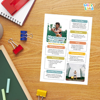 A printed sports instruction sheet titled 'Hammer Throw Sport Research Page' lies on a desk with colored binder clips, a notebook, chalk, and a green board. The sheet contains text boxes, a small player photo, and an action photo, explaining how to play and rules of hammer throw.
