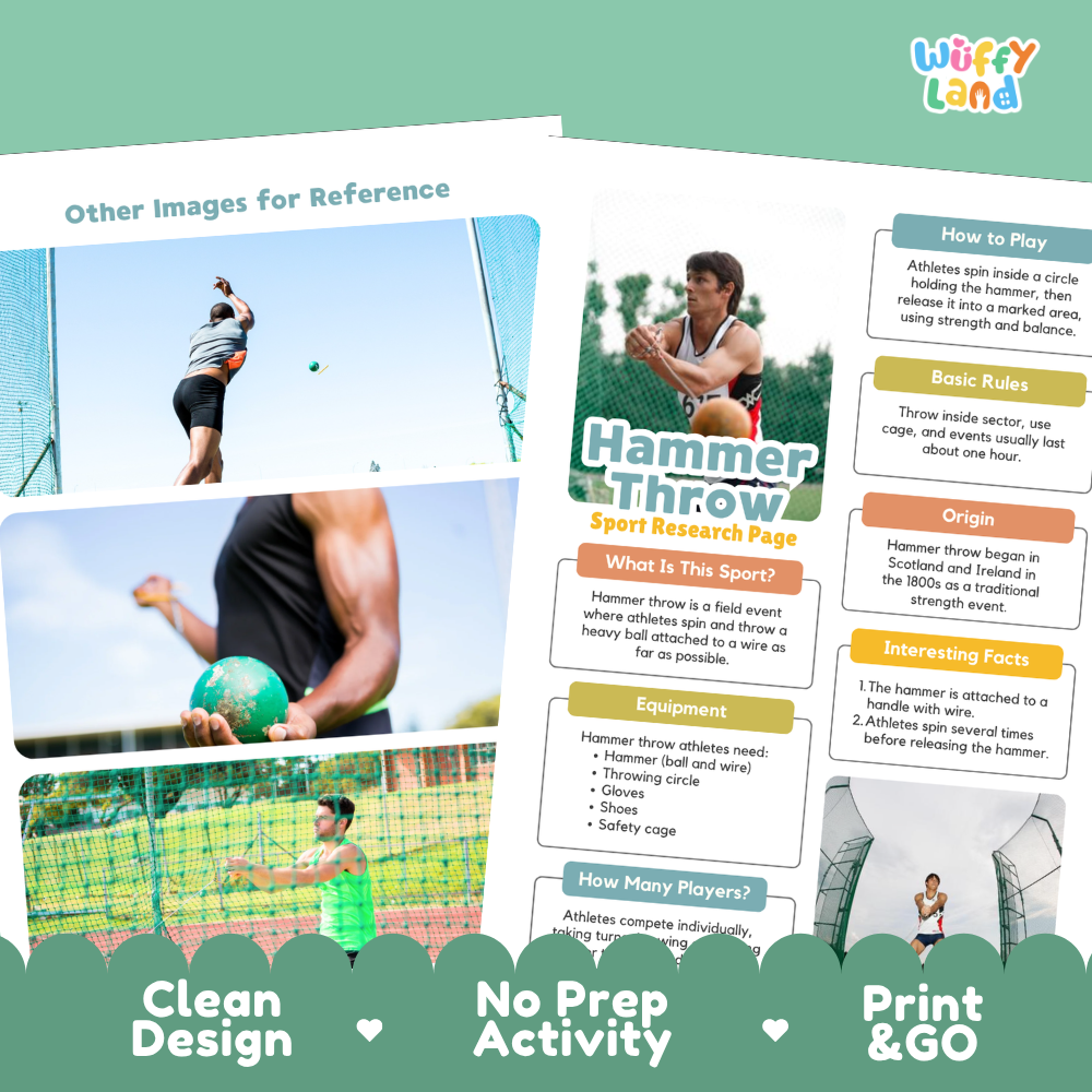 Hammer Throw Sport Research Project Worksheets and Fact Sheet Activity