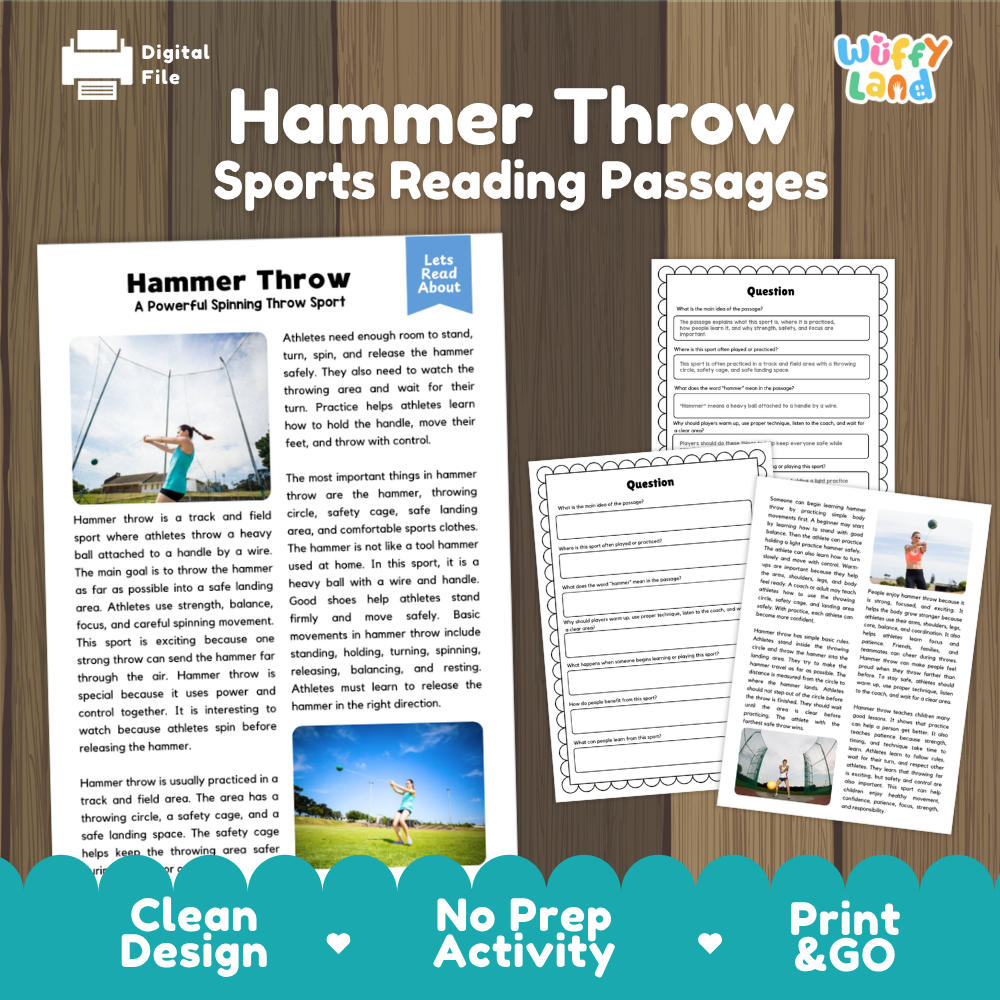 Hammer Throw Sports Reading Passages and Comprehension Questions Worksheets