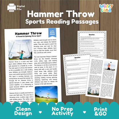 Hammer Throw Sports Reading Passages and Comprehension Questions Worksheets