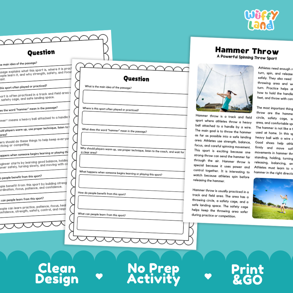 Hammer Throw Sports Reading Passages and Comprehension Questions Worksheets