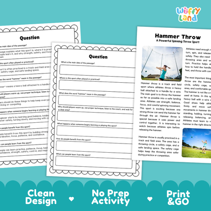 Hammer Throw Sports Reading Passages and Comprehension Questions Worksheets