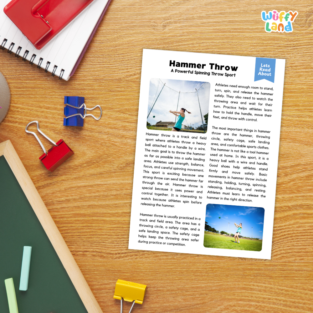 A printed activity sheet titled 'Hammer Throw' laid on a wooden desk, surrounded by school supplies including a spiral notebook, red and blue binder clips, a green folder, and a yellow highlighter. The sheet includes instructions, a small hammer-throwing demonstration photo, and text about the sport.