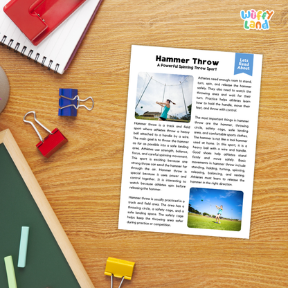 A printed activity sheet titled 'Hammer Throw' laid on a wooden desk, surrounded by school supplies including a spiral notebook, red and blue binder clips, a green folder, and a yellow highlighter. The sheet includes instructions, a small hammer-throwing demonstration photo, and text about the sport.
