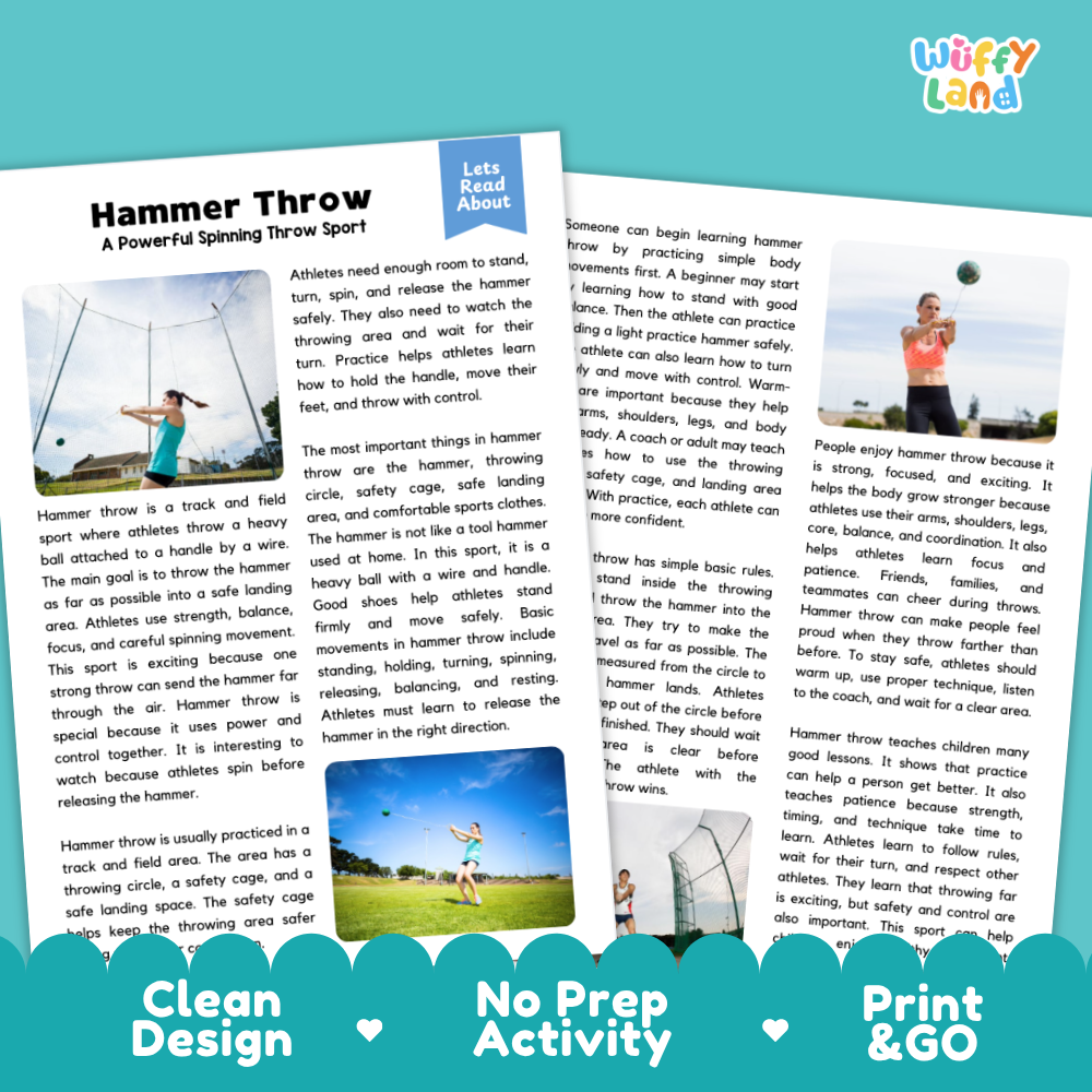 Two printed activity sheets for a hammer throw sport, shown on a white background with the brand name Wuffly Land. The left sheet shows a photo of a hammer throw in action, and the right sheet includes text sections like 'Hammer Throw' and 'Lists Need About'.