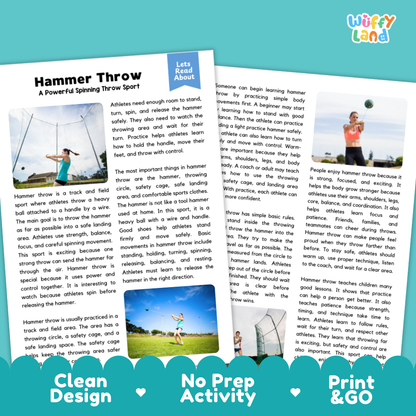 Two printed activity sheets for a hammer throw sport, shown on a white background with the brand name Wuffly Land. The left sheet shows a photo of a hammer throw in action, and the right sheet includes text sections like 'Hammer Throw' and 'Lists Need About'.