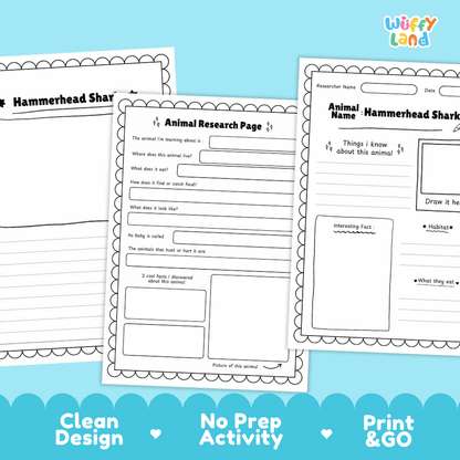 Hammerhead Shark Animal Research Page Worksheets and Fact Sheet Activity
