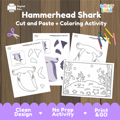 Hammerhead Shark Cut and Paste and Coloring Activity Worksheets