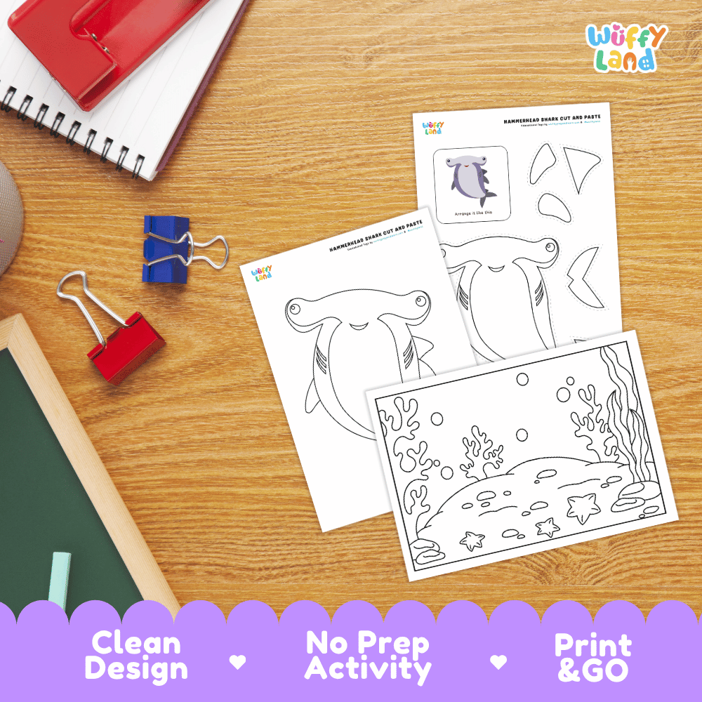 Hammerhead Shark Cut and Paste and Coloring Activity Worksheets