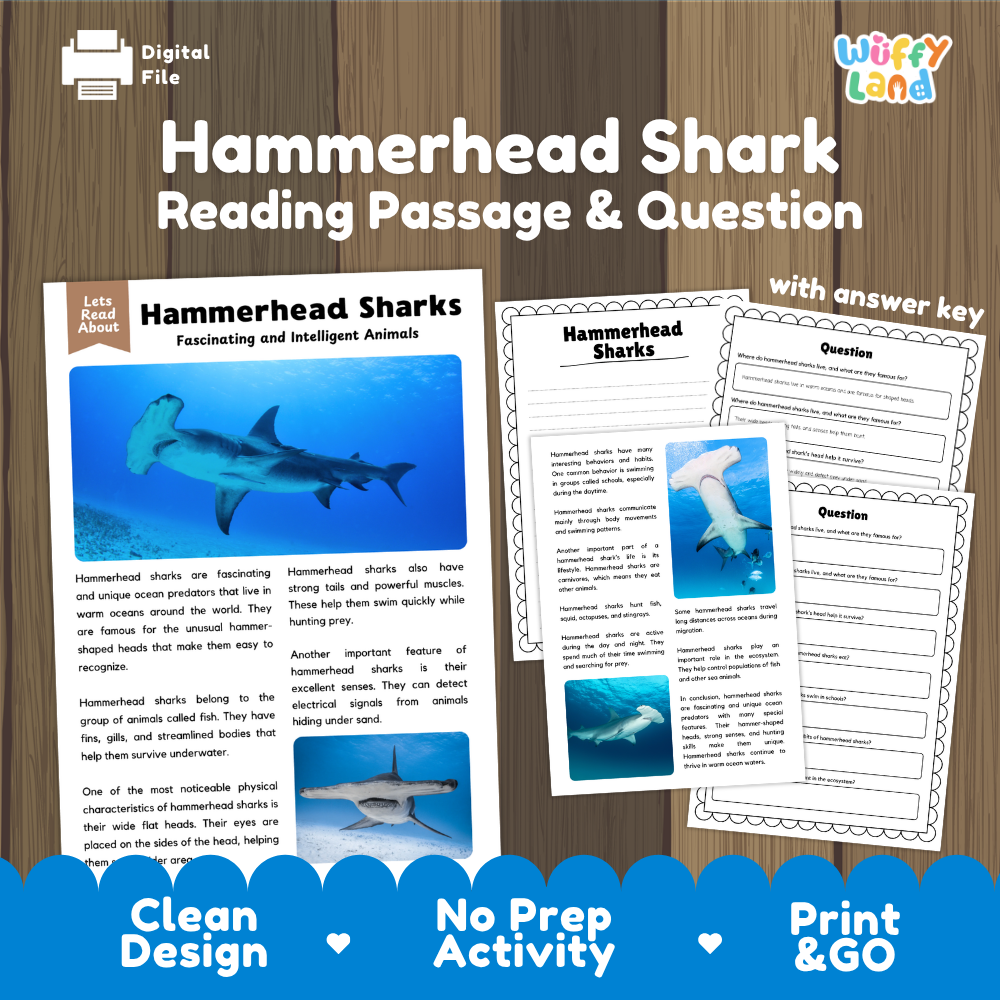 Digital reading activity product for Hammerhead Sharks, showing a lesson page, worksheet, and answer key over a wood-grain background with promotional text at the bottom.