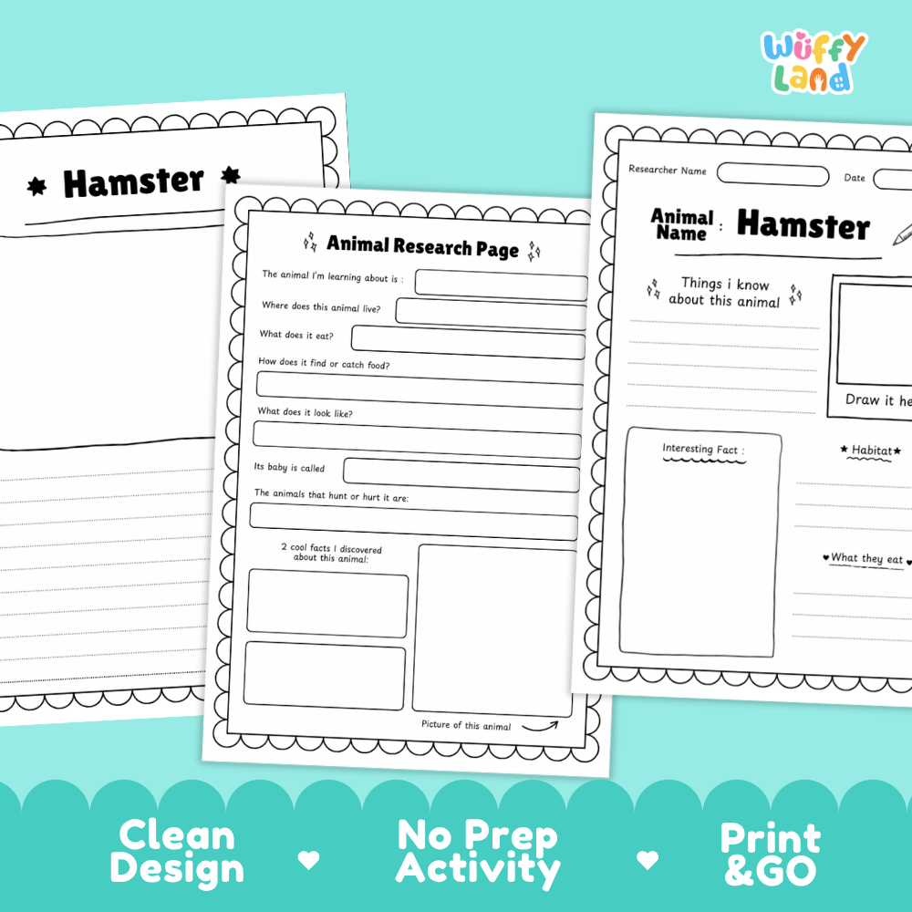 Three printable hamster-themed worksheet pages are shown on a light aqua background with a blue banner at the bottom. The pages include animal research and observation activities with text boxes, a picture frame, and writing areas.