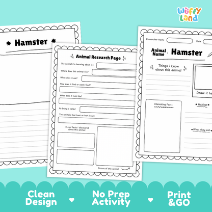 Three printable hamster-themed worksheet pages are shown on a light aqua background with a blue banner at the bottom. The pages include animal research and observation activities with text boxes, a picture frame, and writing areas.