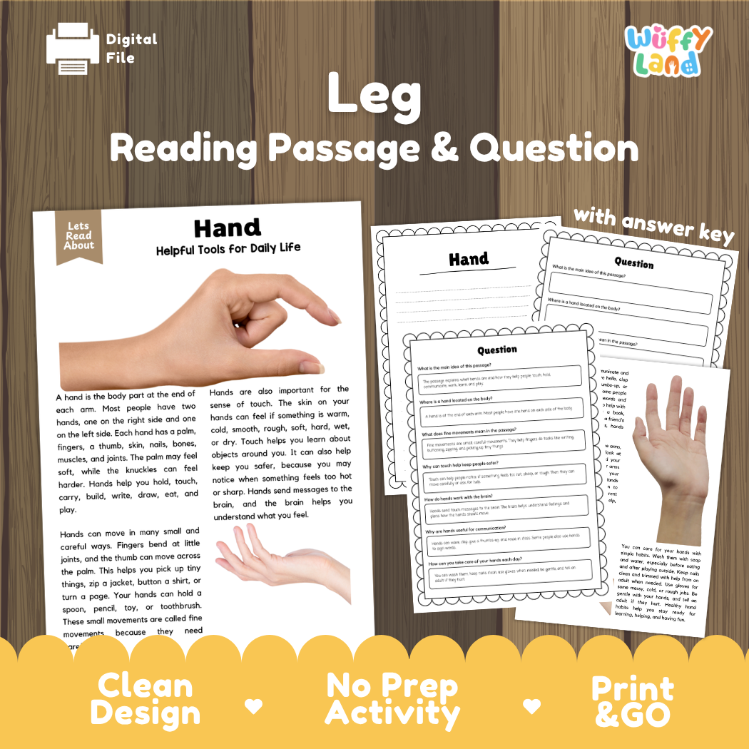 Hand reading comprehension passage and questions printable activity pack with answer key for elementary students