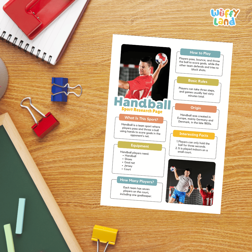 A printed handball information sheet laid on a desk with a spiral notebook, colored binder clips, chalk, and other school supplies around it. The sheet has the title 'Handball Sport Research Page' and sections such as 'How to Play,' 'Basic Rules,' 'Origin,' 'What is this sport?', 'Environment,' and 'How many players?'.
