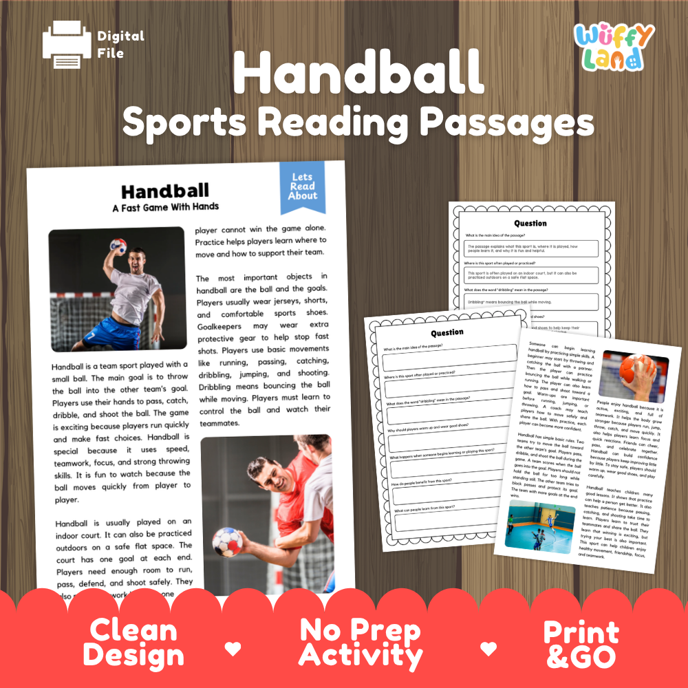 Handball Sports Reading Passages and Comprehension Questions Worksheets