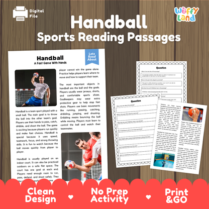 Handball Sports Reading Passages and Comprehension Questions Worksheets