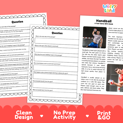 Three printable worksheet pages about handball are shown on a pink background with promotional text reading 'Clean Design,' 'No Prep Activity,' and 'Print & Go.' The pages include a question prompt, a definition sheet, and a short reading passage with a small handball action photo.