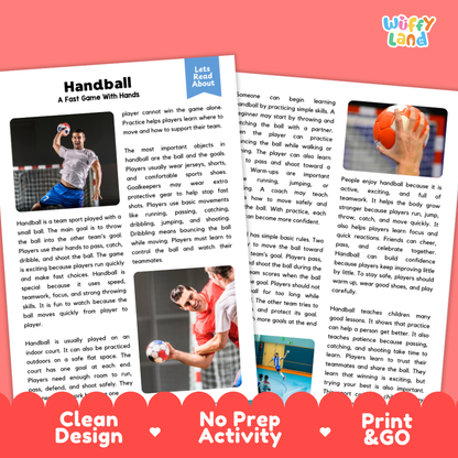 Handball Sports Reading Passages and Comprehension Questions Worksheets