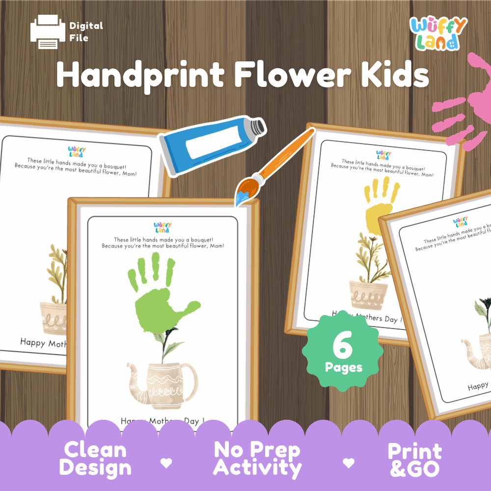 Handprint flower kids printable Mother's Day bouquet keepsake activity pack overview from Wuffy Land featuring 6 pages 🖐️🌸