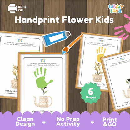 Handprint flower kids printable Mother's Day bouquet keepsake activity pack overview from Wuffy Land featuring 6 pages 🖐️🌸