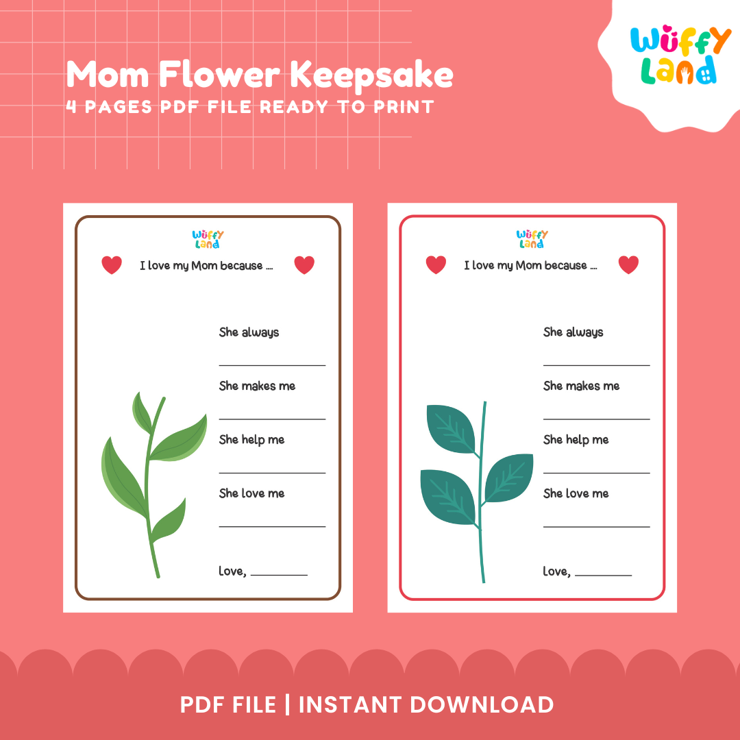 Framed printable handprint flower keepsake worksheet showing pink paint hand blossom and I love my mom prompts 🌸💌