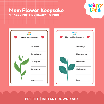 Framed printable handprint flower keepsake worksheet showing pink paint hand blossom and I love my mom prompts 🌸💌