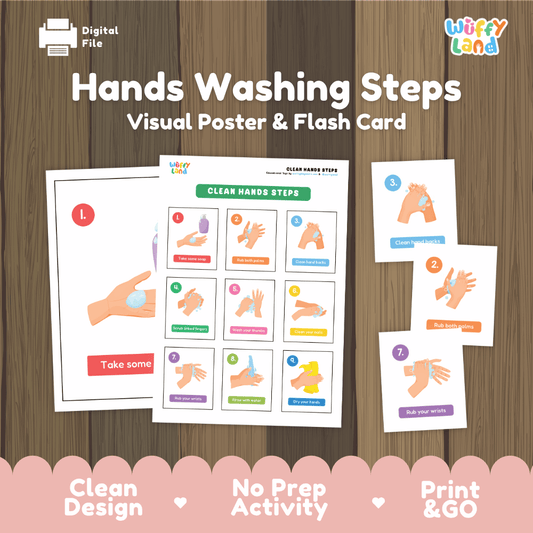 Hands Washing Steps visual poster and flash card printable hygiene and life skills pack overview from Wuffy Land 🧼🖐️