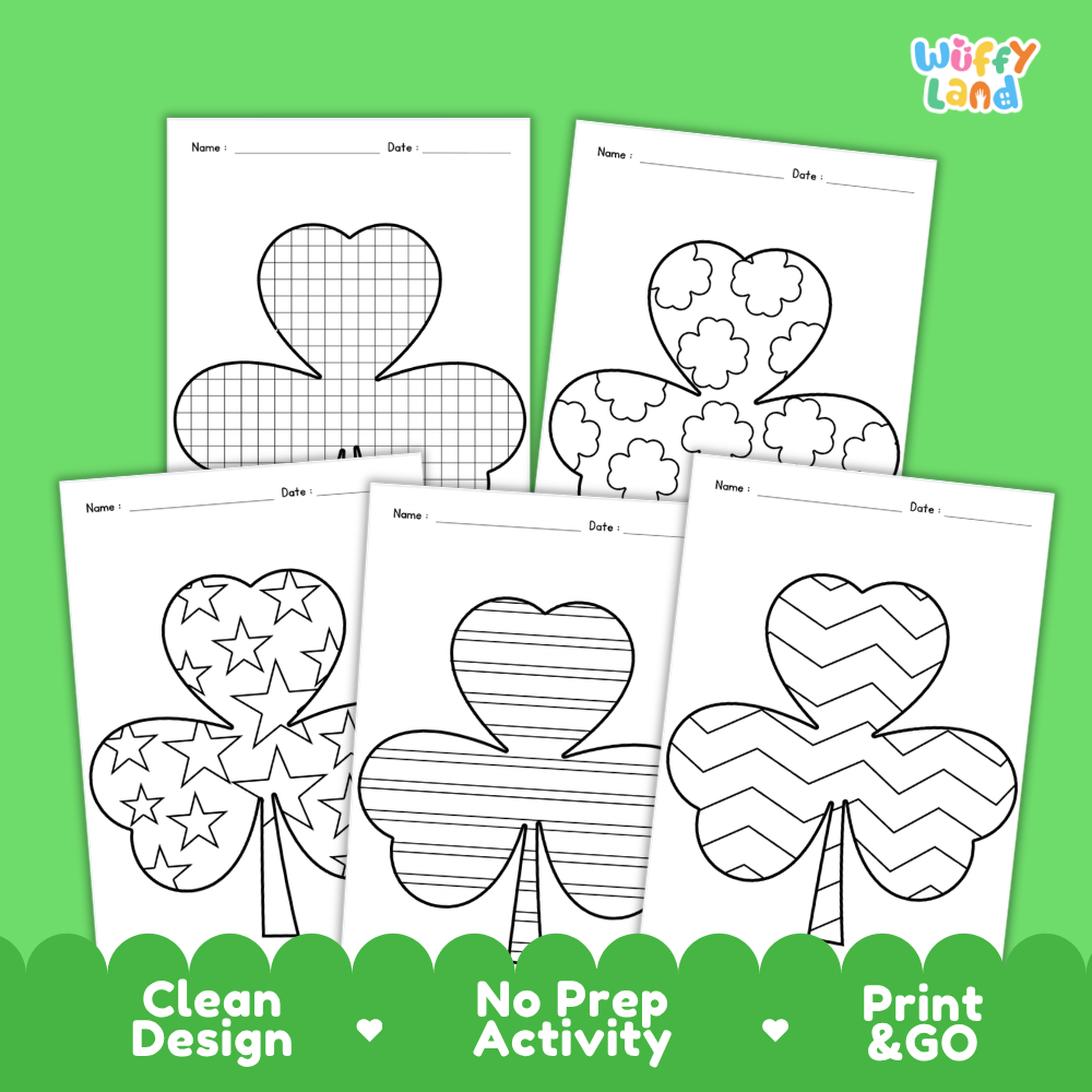 Close-up of brightly colored shamrock pattern artwork displayed on a classroom clothesline