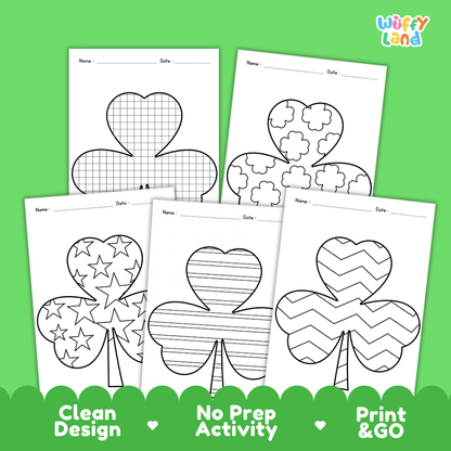 Close-up of brightly colored shamrock pattern artwork displayed on a classroom clothesline