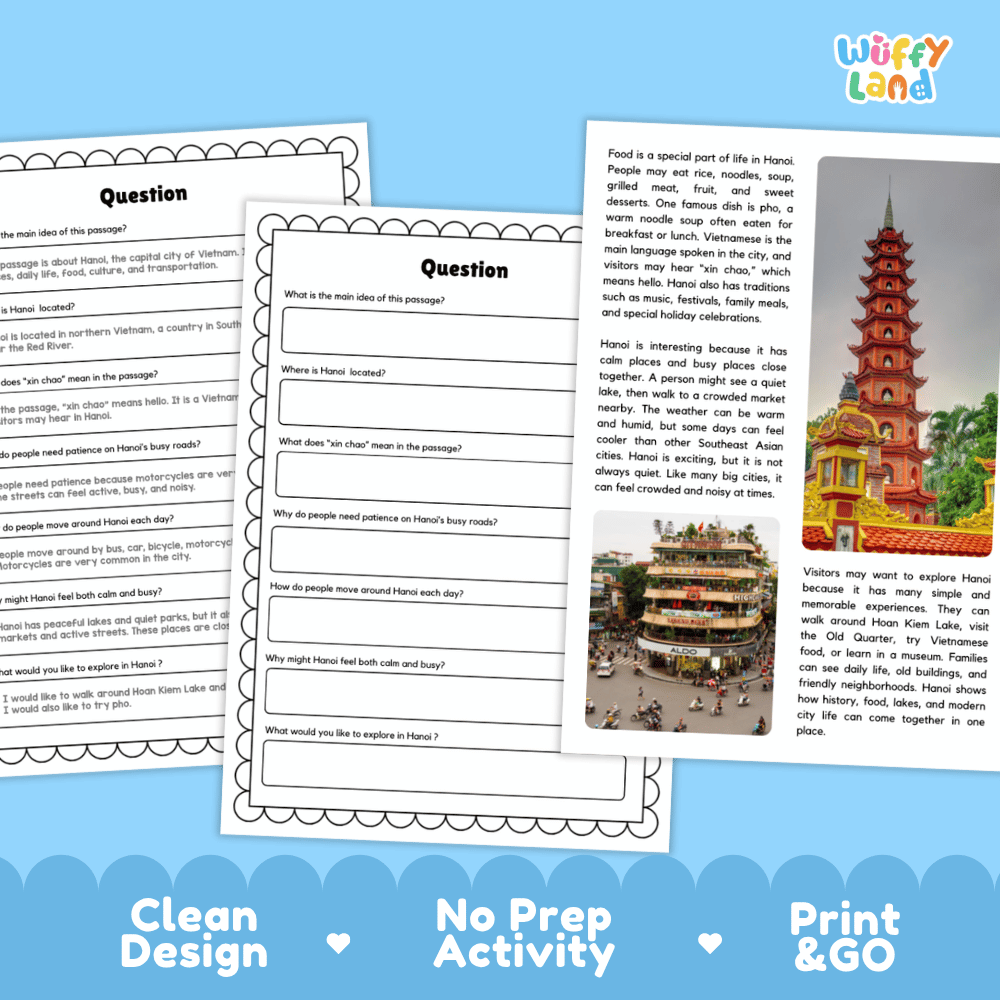 Student reading passage titled A Peaceful City of Lakes detailing Hanoi Vietnam Hoan Kiem Lake Old Quarter Tran Quoc Pagoda and city photography