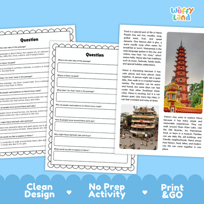 Student reading passage titled A Peaceful City of Lakes detailing Hanoi Vietnam Hoan Kiem Lake Old Quarter Tran Quoc Pagoda and city photography