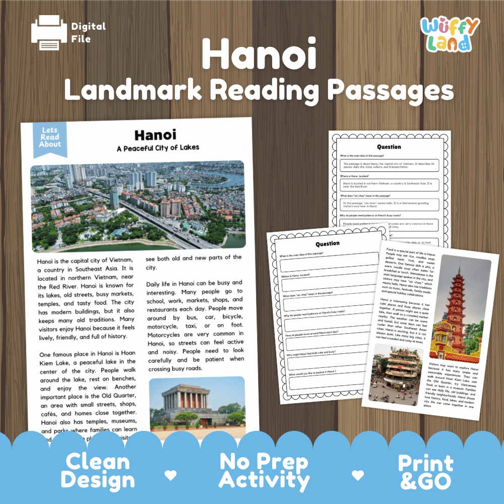 Hanoi landmark reading passage and comprehension worksheet educational unit featuring nonfiction text and authentic Vietnamese city and lake photography