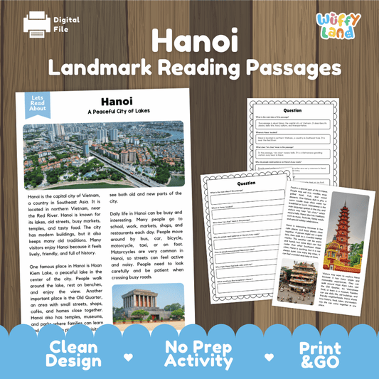 Hanoi landmark reading passage and comprehension worksheet educational unit featuring nonfiction text and authentic Vietnamese city and lake photography
