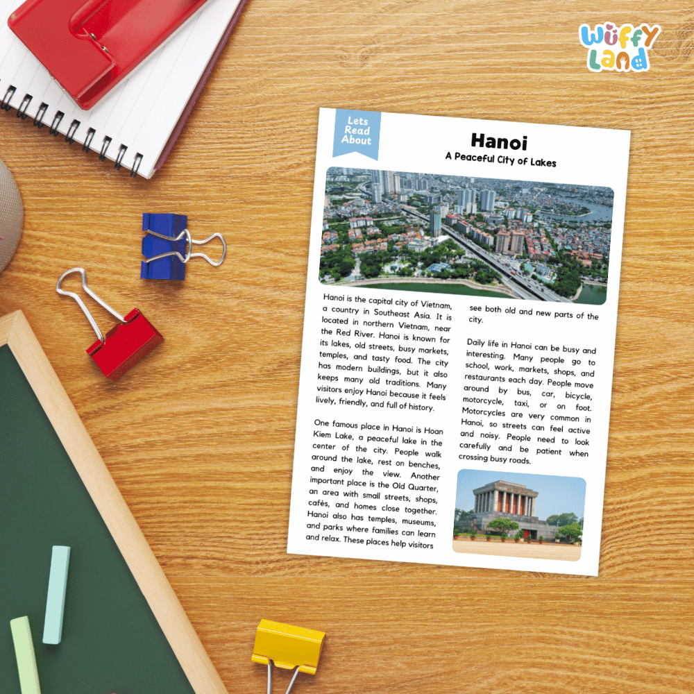 Lined reading comprehension question worksheet covering main ideas vocabulary terms and landmark facts about Hanoi Vietnam