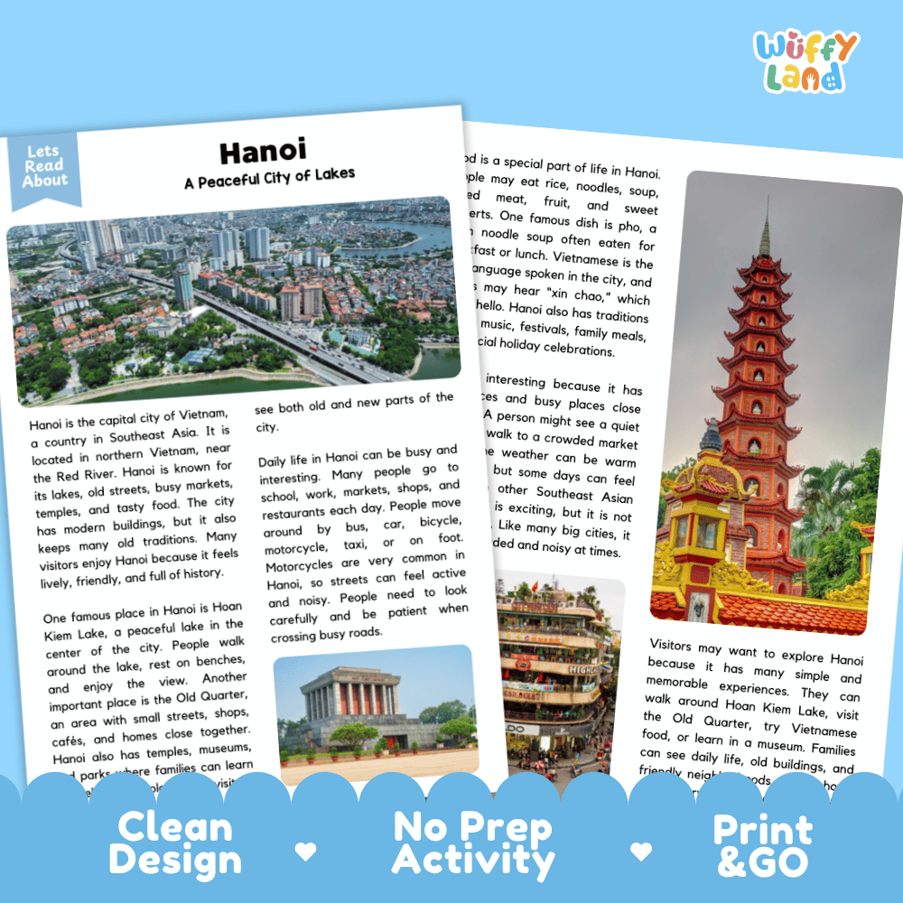 Reference sheet and answer key for Hanoi landmark reading passage displaying completed comprehension answers and Southeast Asian geography facts