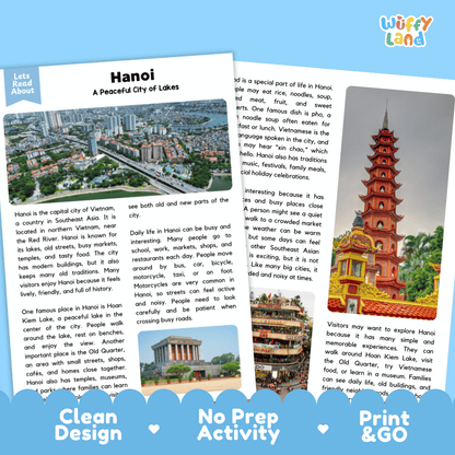 Reference sheet and answer key for Hanoi landmark reading passage displaying completed comprehension answers and Southeast Asian geography facts