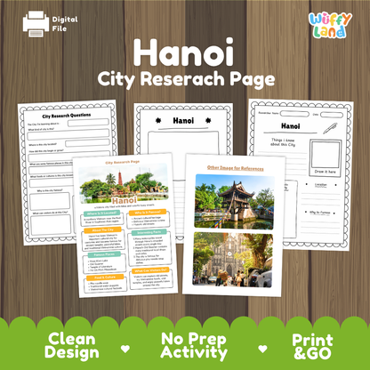 Digital preview of a Hanoi city research page activity sheet set by Wiffy Land, displayed on a wood background with green banner text at the bottom.