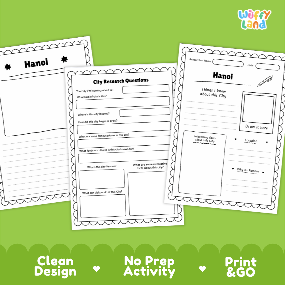 Three printable activity sheets for researching Hanoi are displayed on a bright green background. The sheets are labeled 'Hanoi' and contain city research questions, writing lines, and drawing boxes.