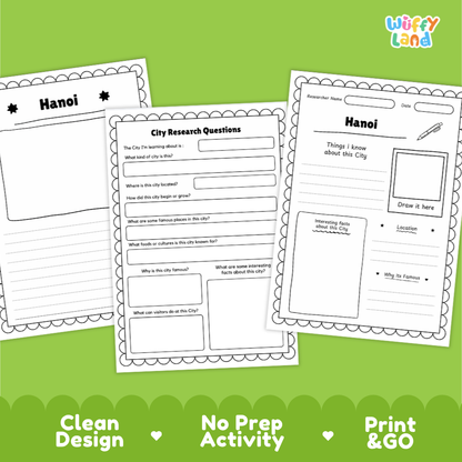 Three printable activity sheets for researching Hanoi are displayed on a bright green background. The sheets are labeled 'Hanoi' and contain city research questions, writing lines, and drawing boxes.