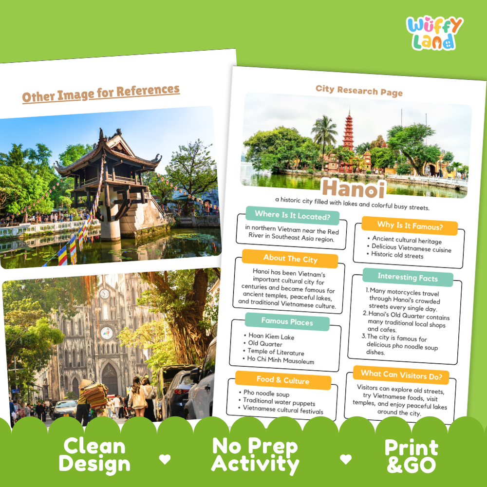 Two printed travel guide pages for Hanoi, Vietnam, shown on a green branded background. The left page features a large travel photo of a traditional Vietnamese pagoda, and the right page is a city research layout with text sections about Hanoi.