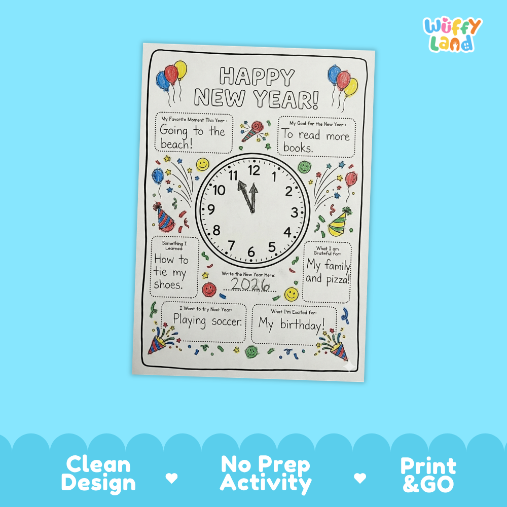 A New Year's Eve activity worksheet from Wiffy Land, featuring a black-and-white clock and various colorful writing prompts on a light blue background with product feature badges at the bottom.