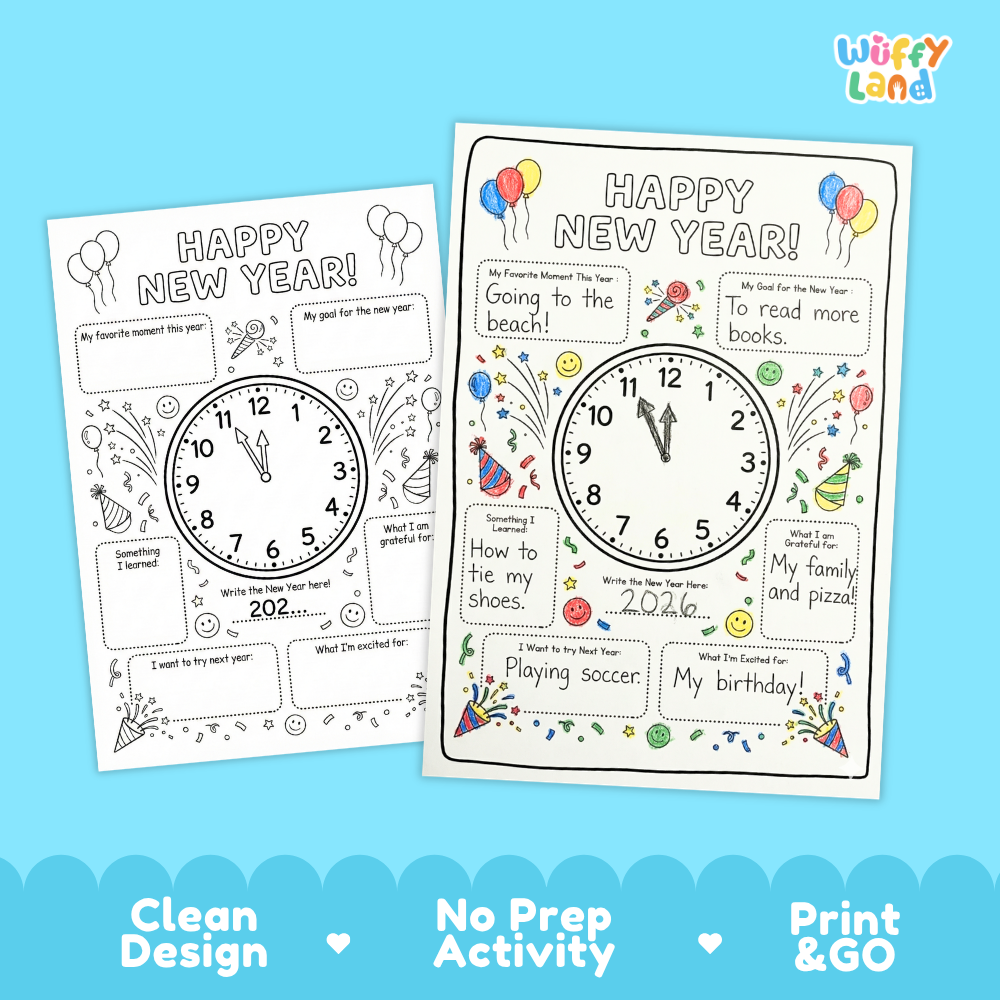 Two printable New Year's Eve activity sheets shown on a light blue background. The sheets are white with black outlines and colorful festive illustrations, including balloons, fireworks, confetti, and a clock.
