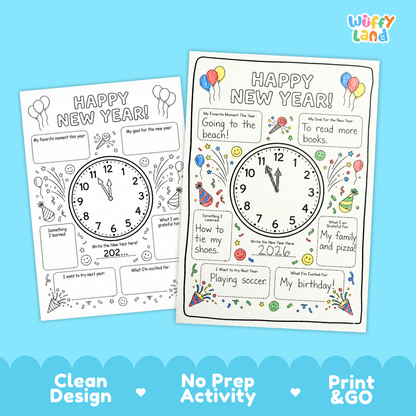 Two printable New Year's Eve activity sheets shown on a light blue background. The sheets are white with black outlines and colorful festive illustrations, including balloons, fireworks, confetti, and a clock.
